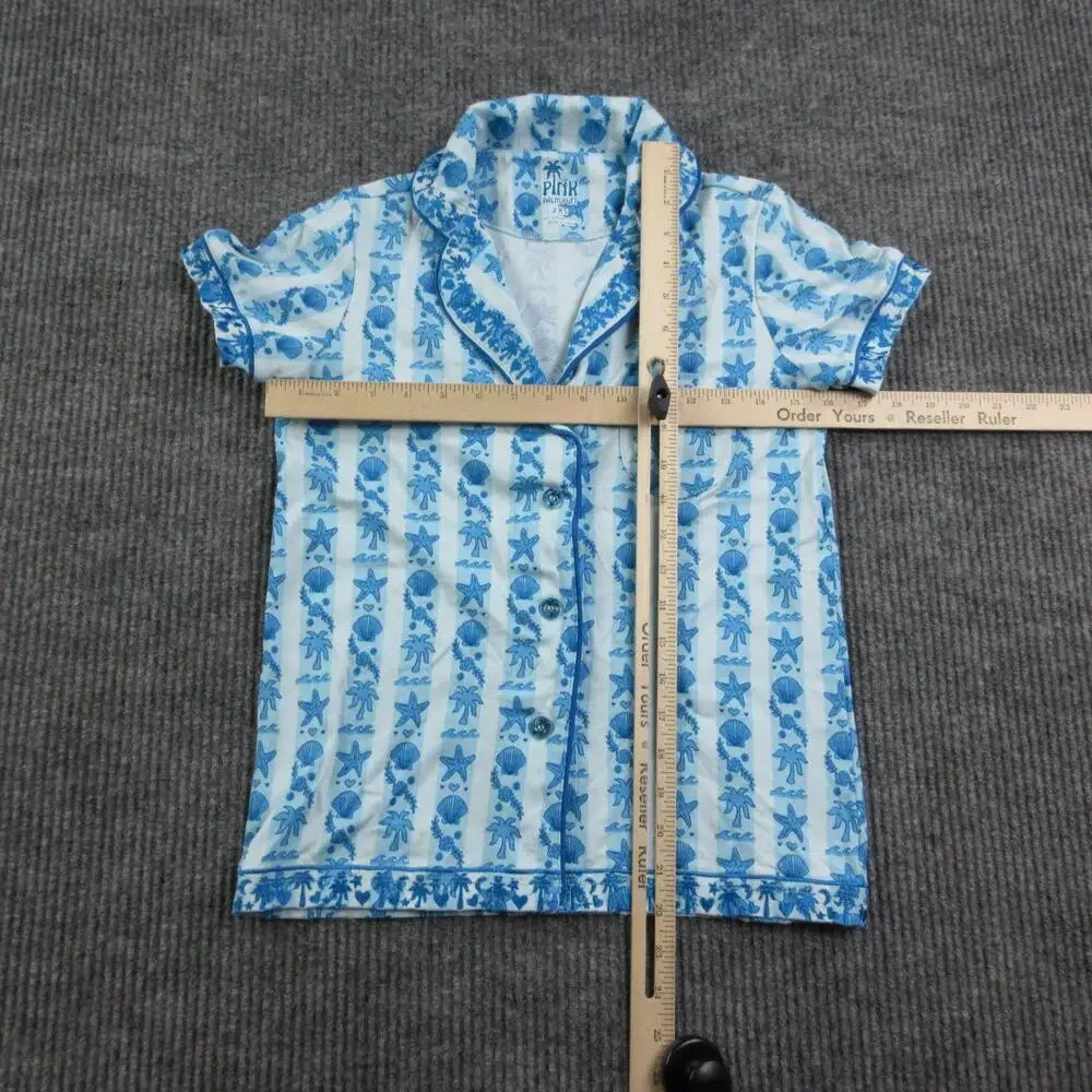 PINK Pajama Top Womens 2XS Blue Striped Palm Puff 100% Supima Cotton Collared